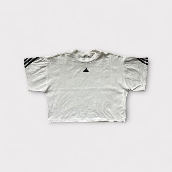 Adidas Shirt Womens Large White Cropped 3-Stripes Badge of Sport Tee IV5270 - Picture 1 of 10